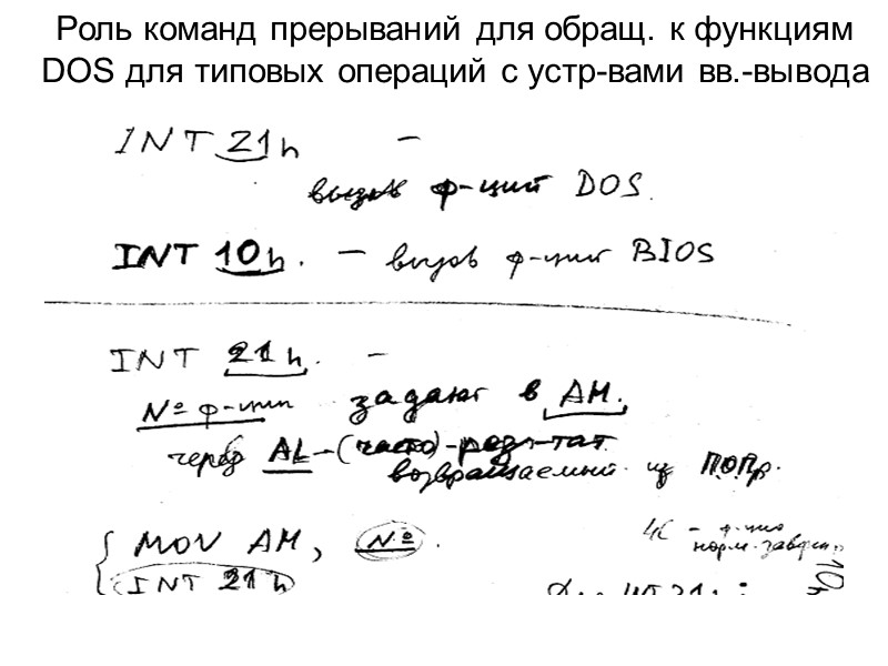 Роль команд прерываний для обращ. к функциям DOS для типовых операций с устр-вами вв.-вывода
